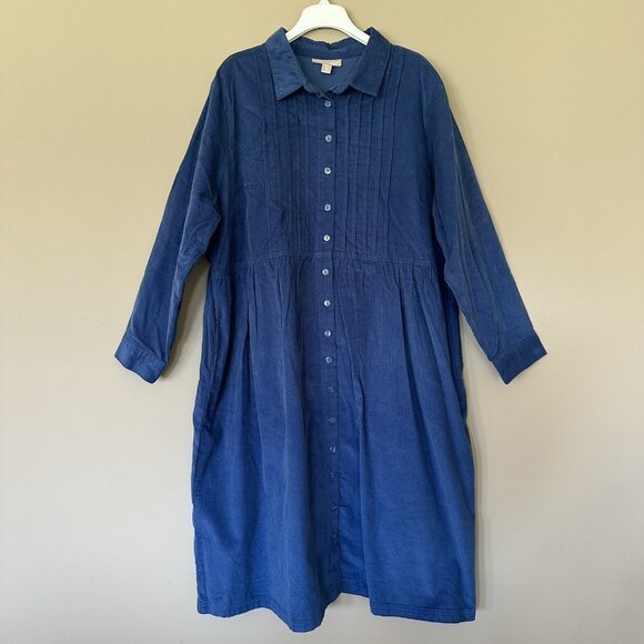 Woman Within Blue Corduroy Dress 26W Petite Long Sleeve Button Shirt Dress Fall - Picture 2 of 8